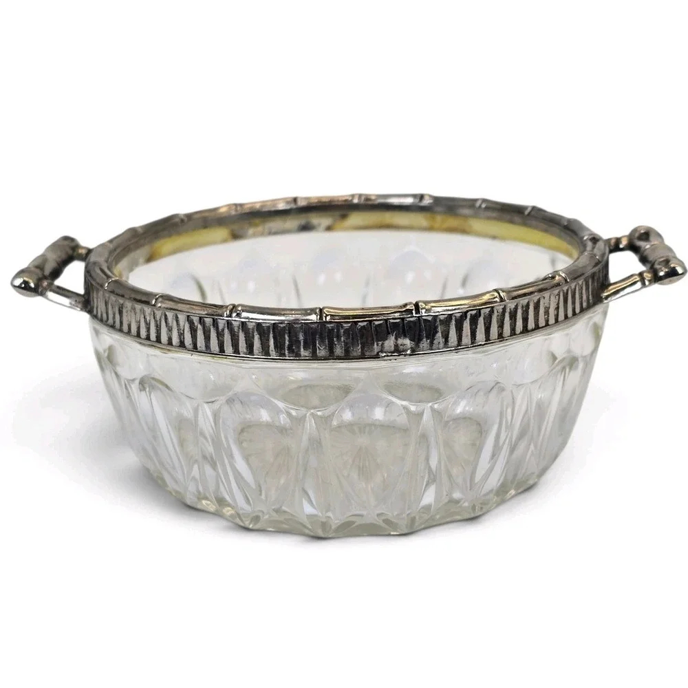 Vintage Reims France Cut Crystal Silverplate Bamboo Handle Serving Bowl